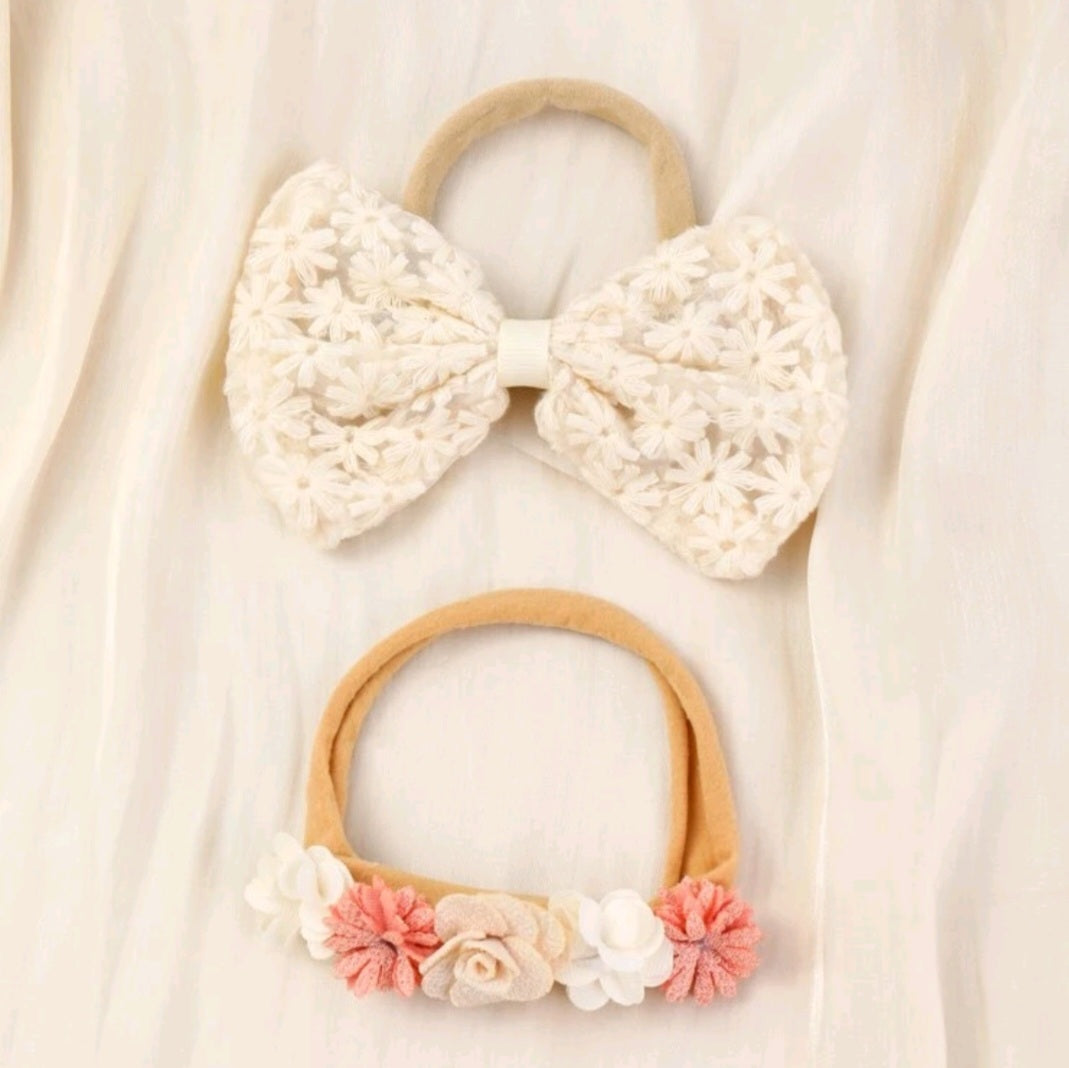 Lace bow Headband and Floral Headband Cream