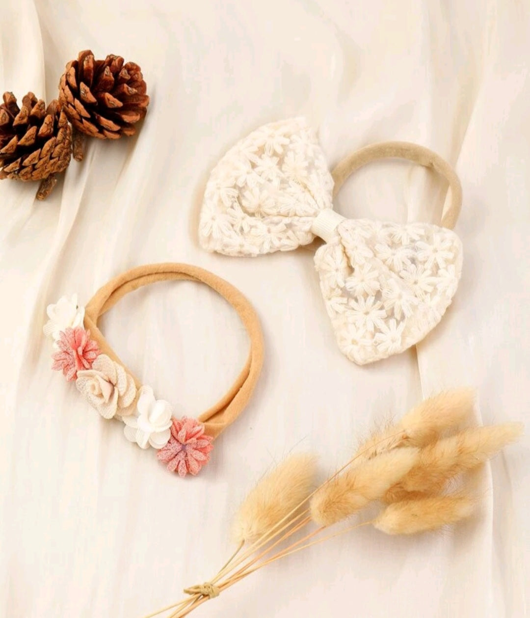 Lace bow Headband and Floral Headband Cream