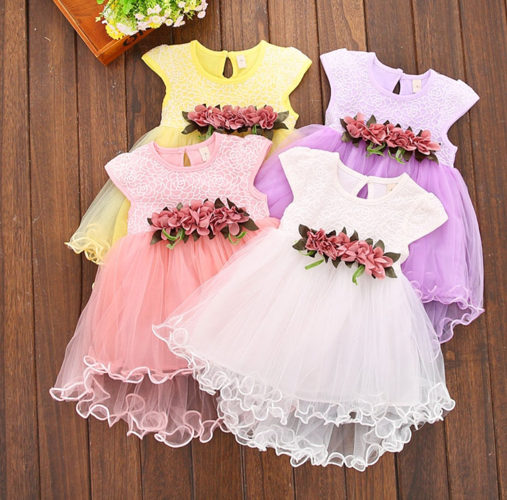 Yellow Lace Ruffle Hem Dress with Clip on Floral Detail 1001135