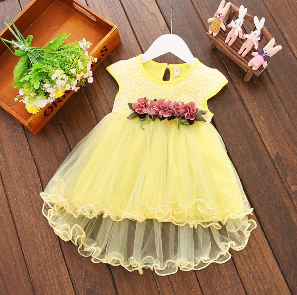 Yellow Lace Ruffle Hem Dress with Clip on Floral Detail