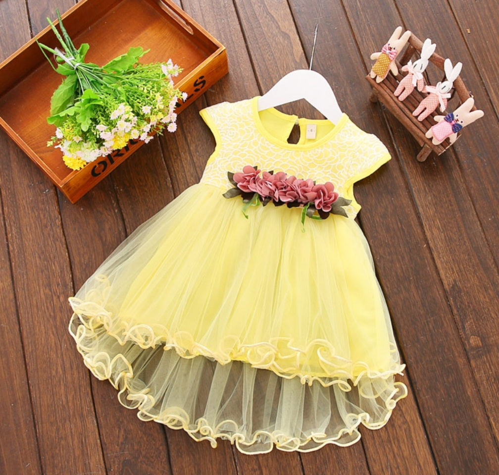 Yellow Lace Ruffle Hem Dress with Clip on Floral Detail