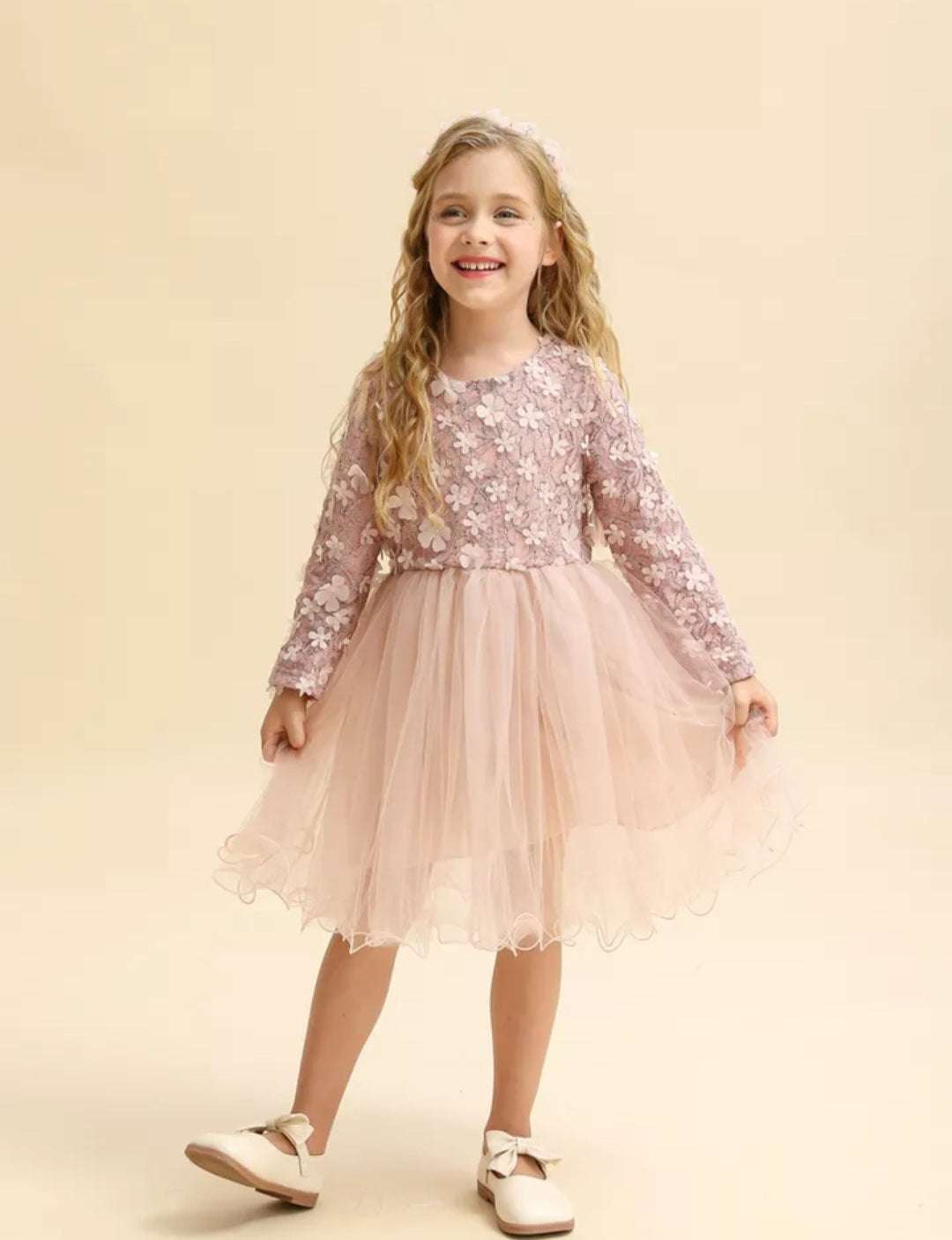 Dusty Pink Long Sleeve Floral Dress 1001111