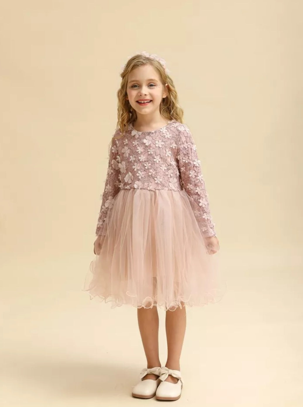 Dusty Pink Long Sleeve Floral Dress 1001111