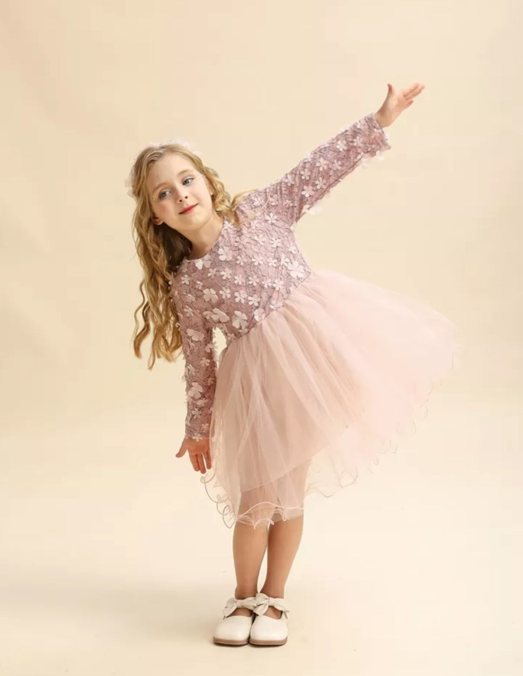 Dusty Pink Long Sleeve Floral Dress 1001111