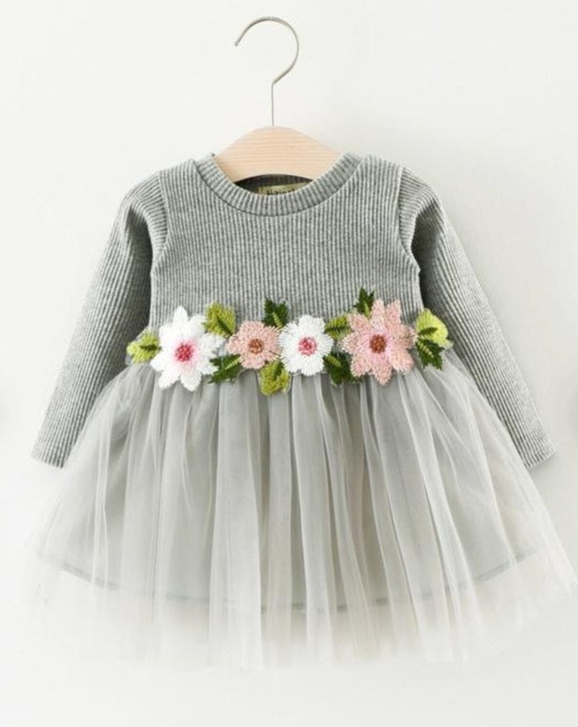 Gray Ribbed Lace Dress with Floral Design 1001016