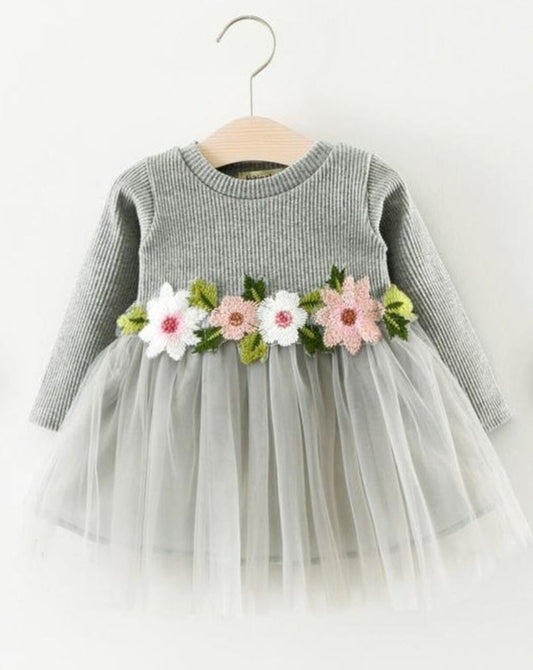 Gray Ribbed Lace Dress with Floral Design 1001016