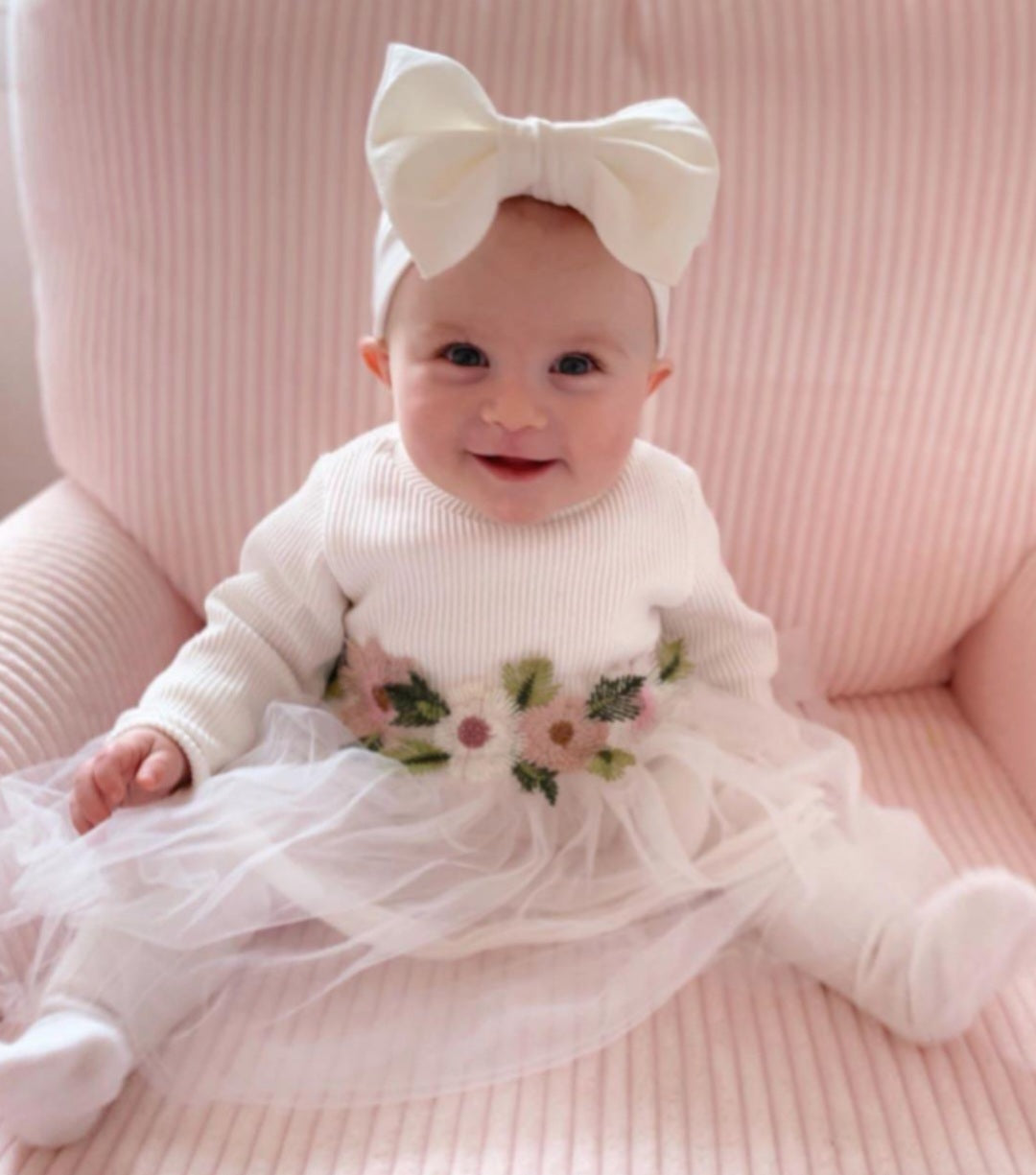 White Ribbed Lace Dress with Floral Design 10001015