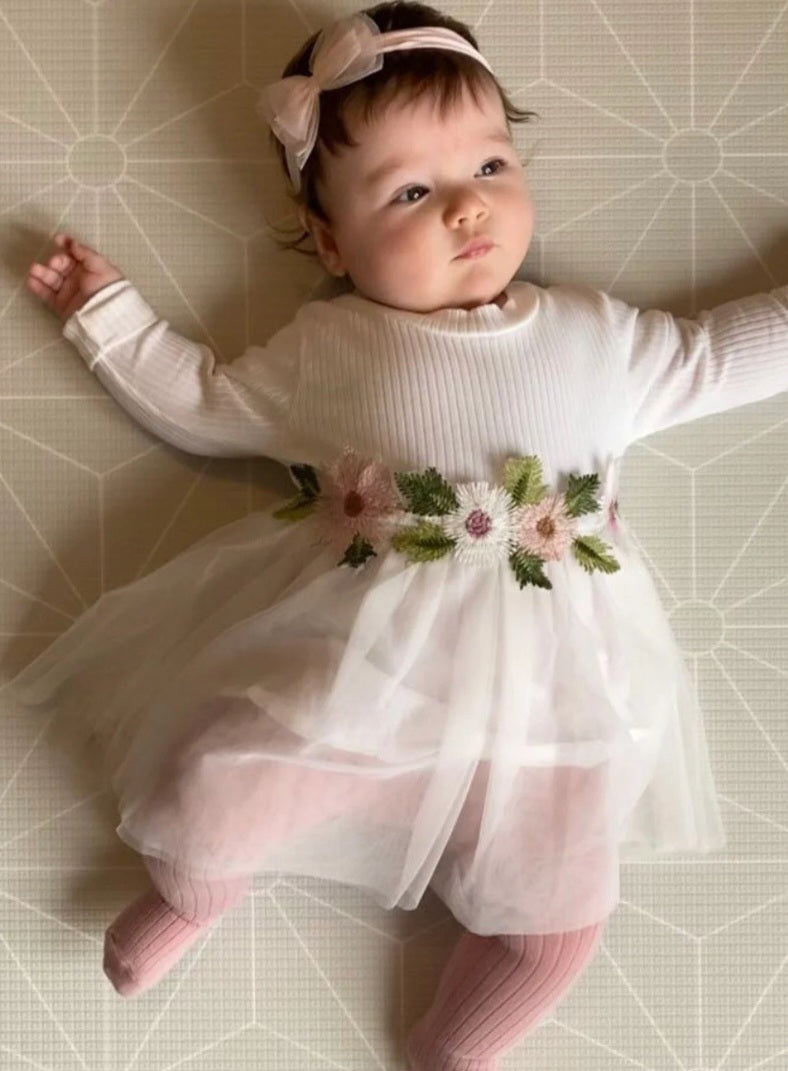 White Ribbed Lace Dress with Floral Design 10001015