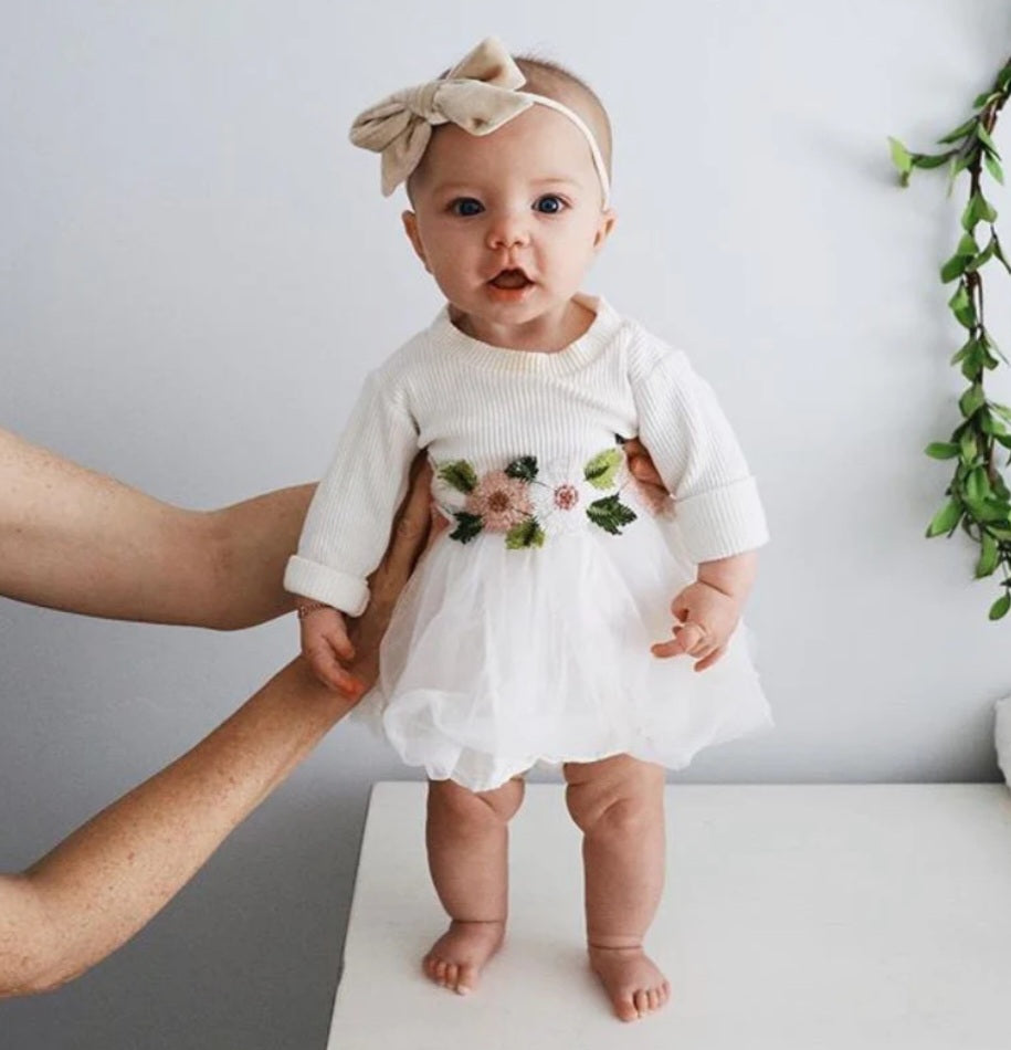 White Ribbed Lace Dress with Floral Design 10001015