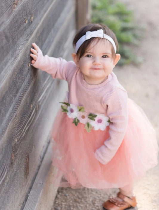 Pink Ribbed Long Sleeve Dress with Floral Design