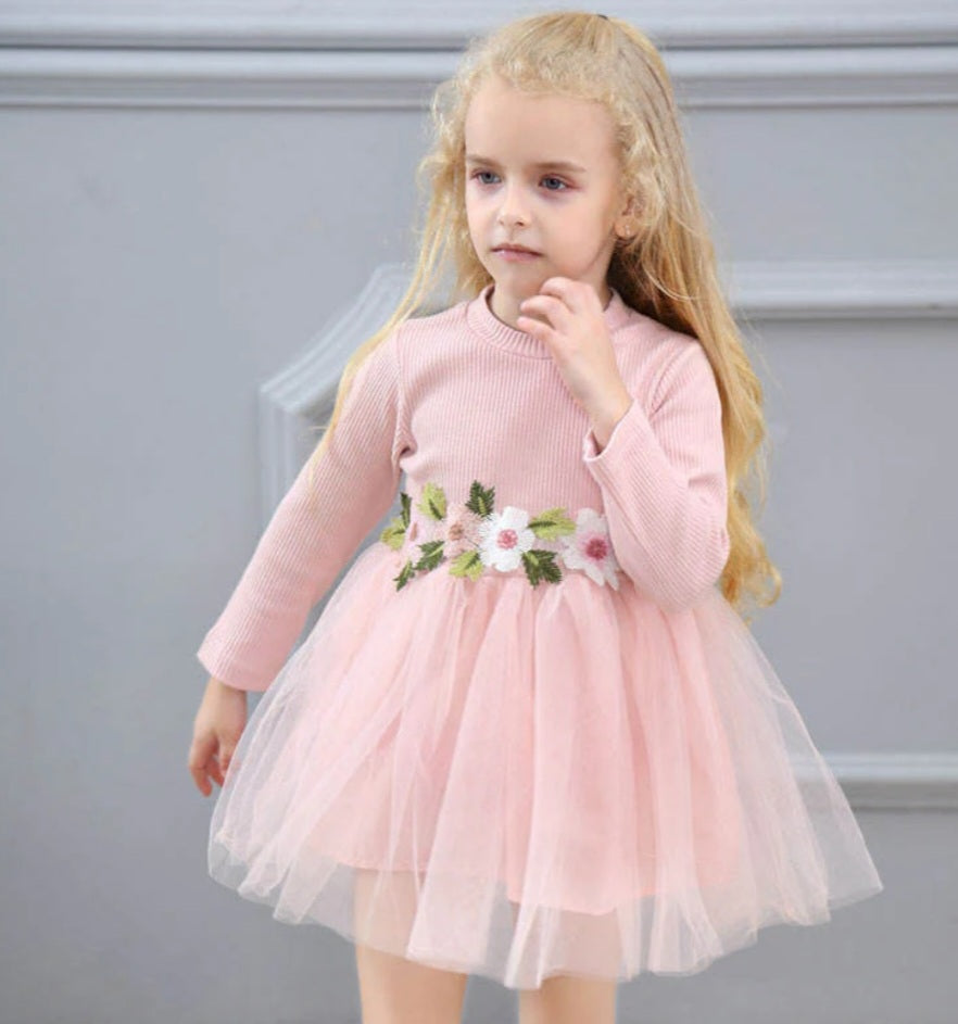 Pink Ribbed Long Sleeve Dress with Floral Design 1001017