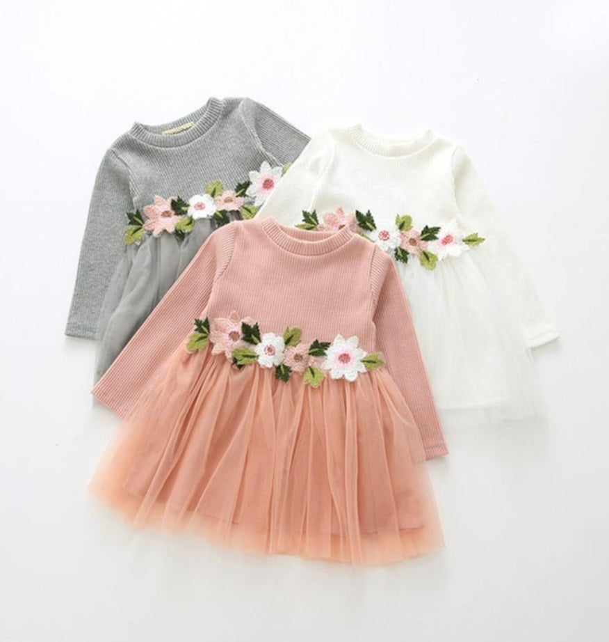 Pink Ribbed Long Sleeve Dress with Floral Design 1001017