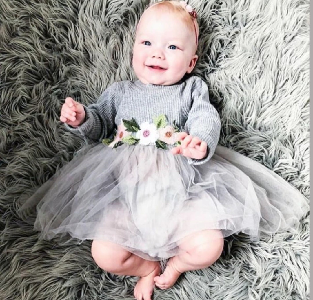 Gray Ribbed Lace Dress with Floral Design 1001016