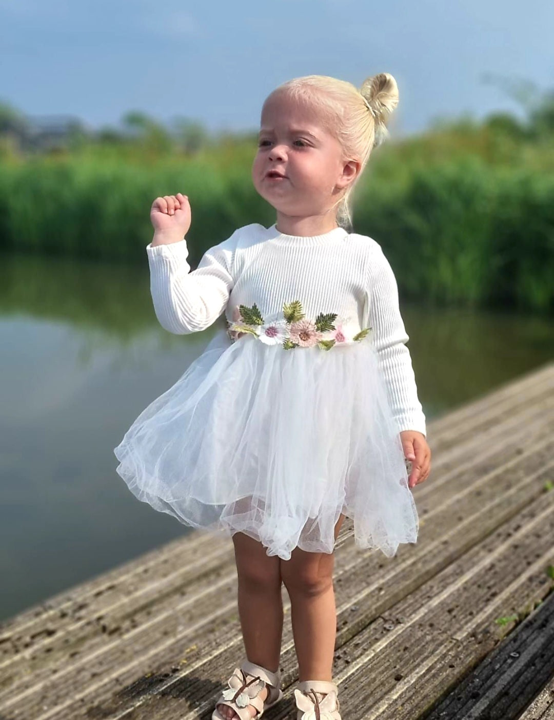 White Ribbed Lace Dress with Floral Design 10001015