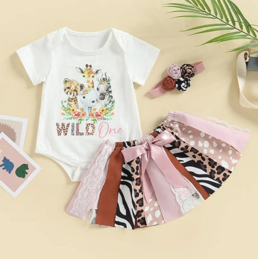 Wild One Birthday Romper, Animal Print Tutu and Headband 