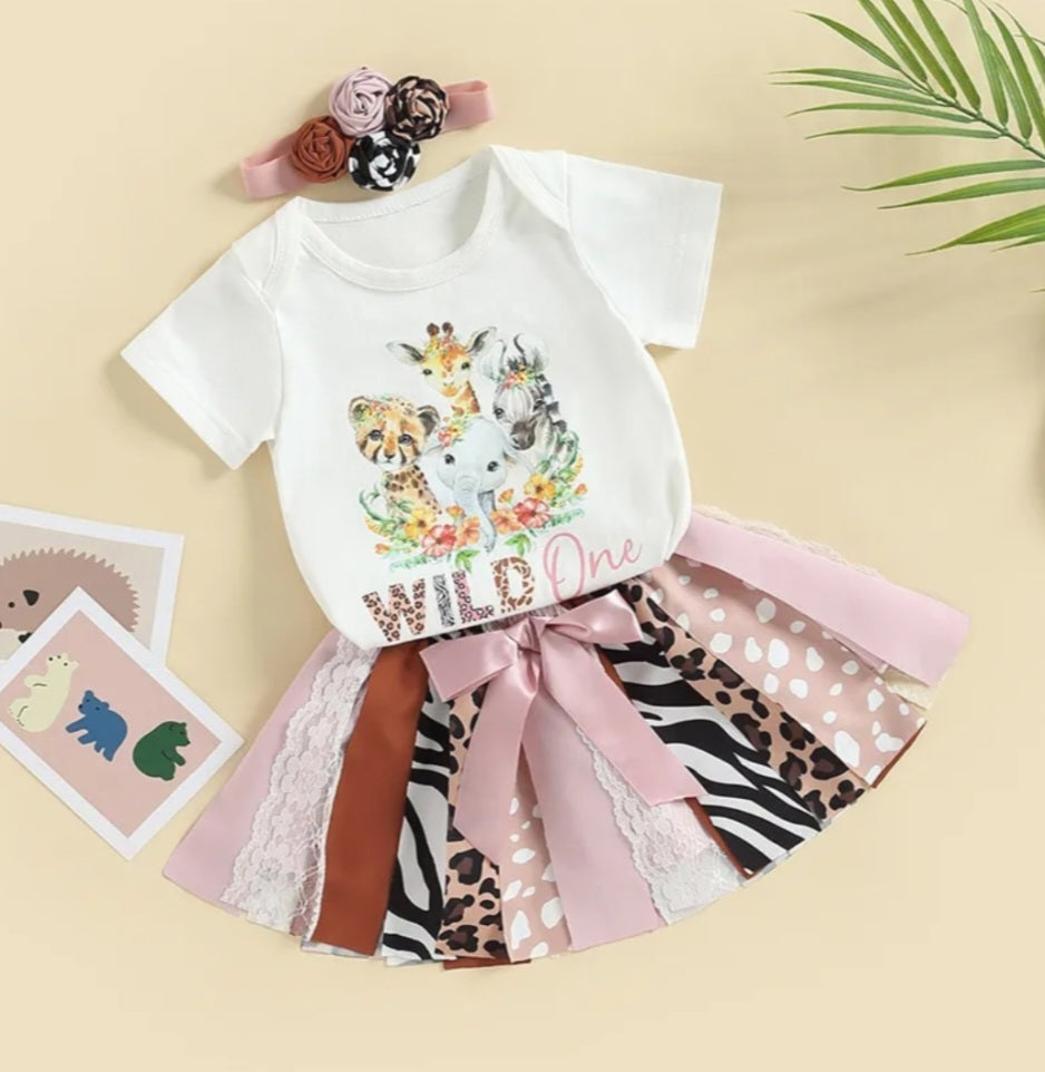 Wild One Birthday Romper, Animal Print Tutu and Headband 