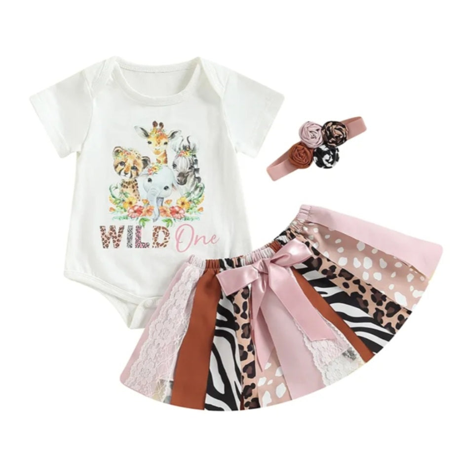 Wild One Birthday Romper, Animal Print Tutu and Headband 