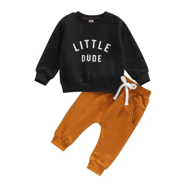 Little Dude Long Sleeve Black Top and Caramel Pants