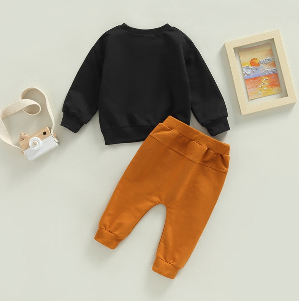 Little Dude Long Sleeve Black Top and Caramel Pants