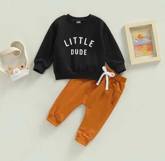 Little Dude Long Sleeve Black Top and Caramel Pants