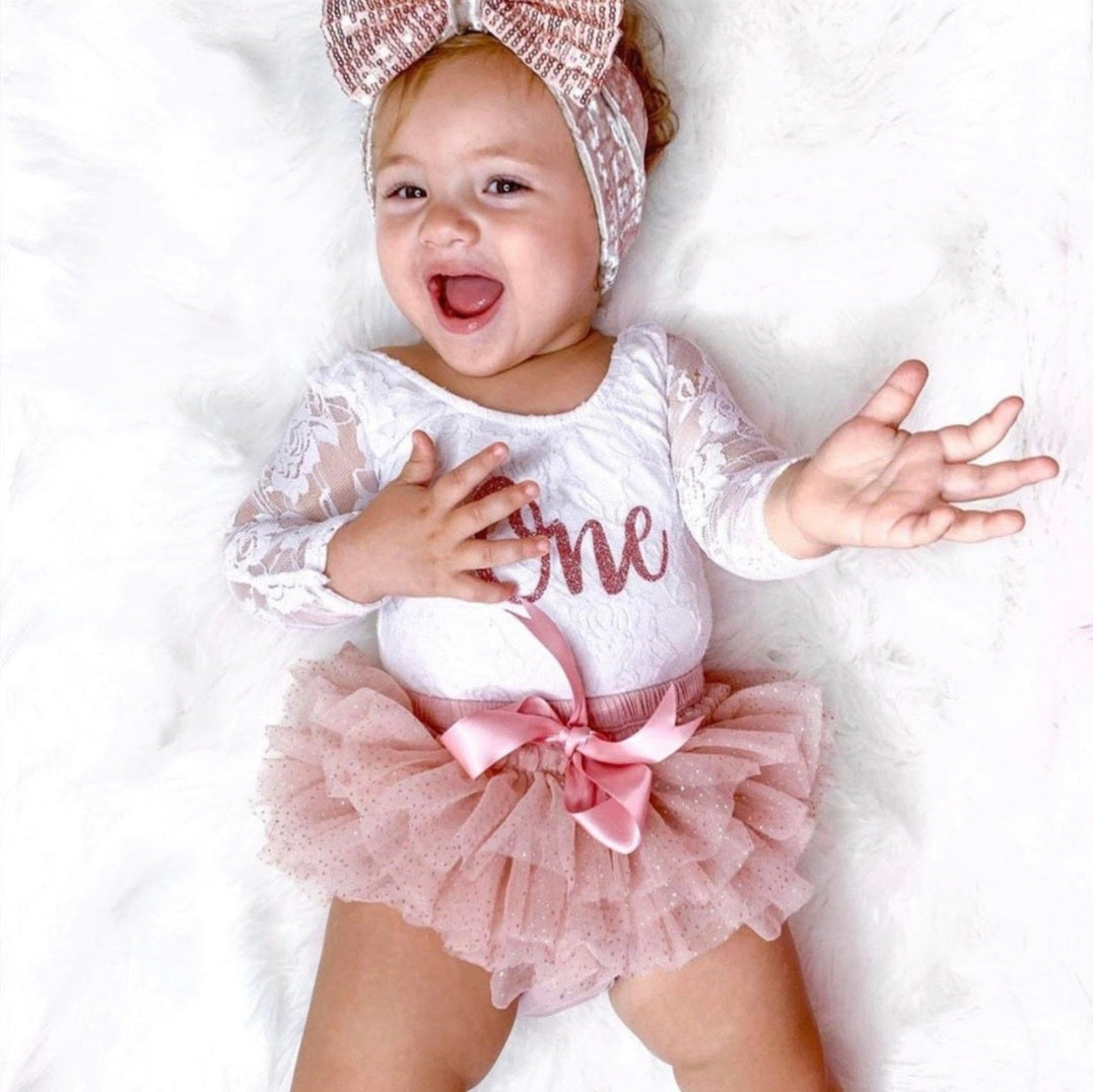 Birthday Outfits Long Sleeve Lace Romper with Bloomer, Tutu and Headband