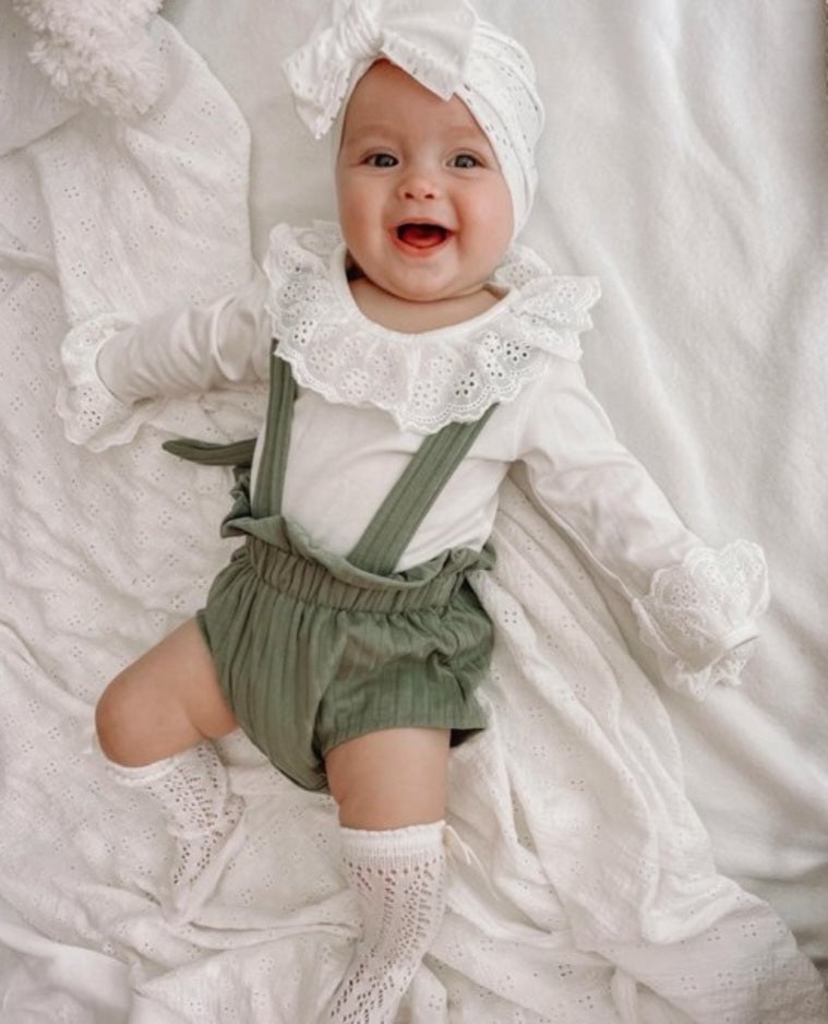 White Romper with Lace Neckline and Mint Green Overalls #1000388