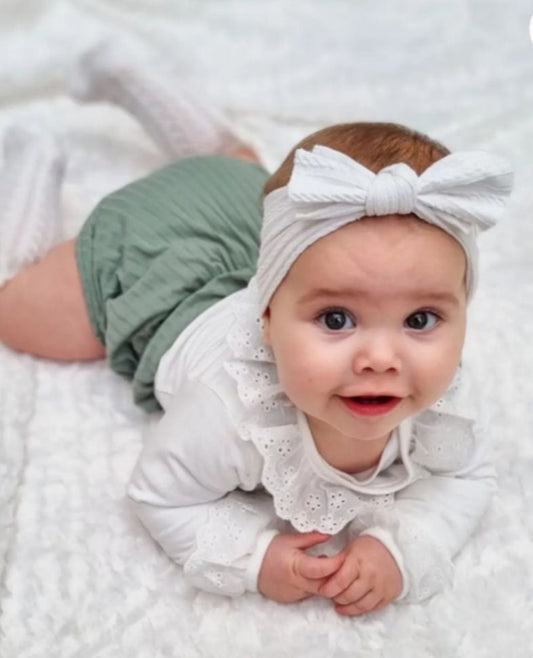 White Romper with Lace Neckline and Mint Green Overalls