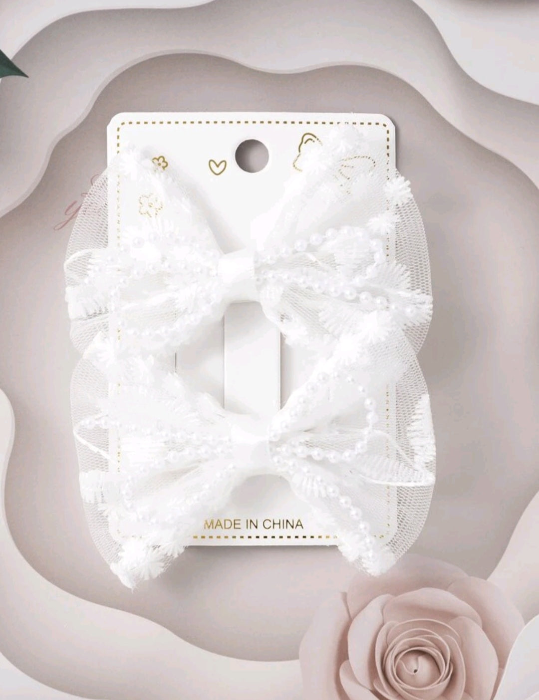 2Psc Lace Bow Clips with Pearl detail