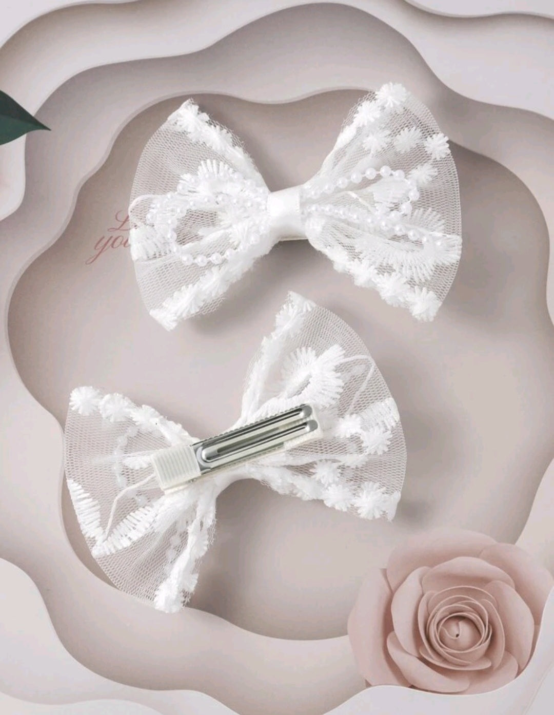 2Psc Lace Bow Clips with Pearl detail