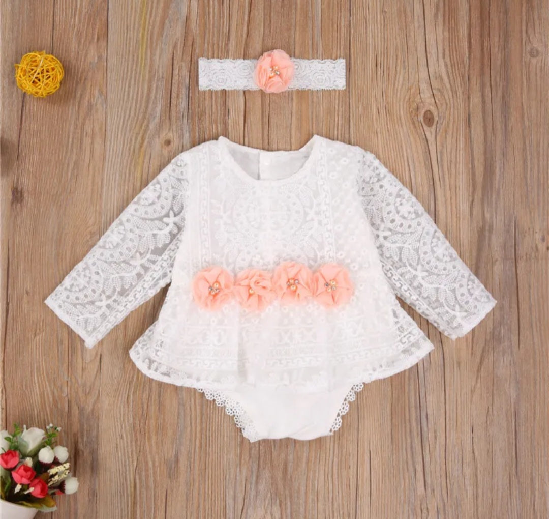 Lace Long Sleeve Romper with Floral Waistline and Headband