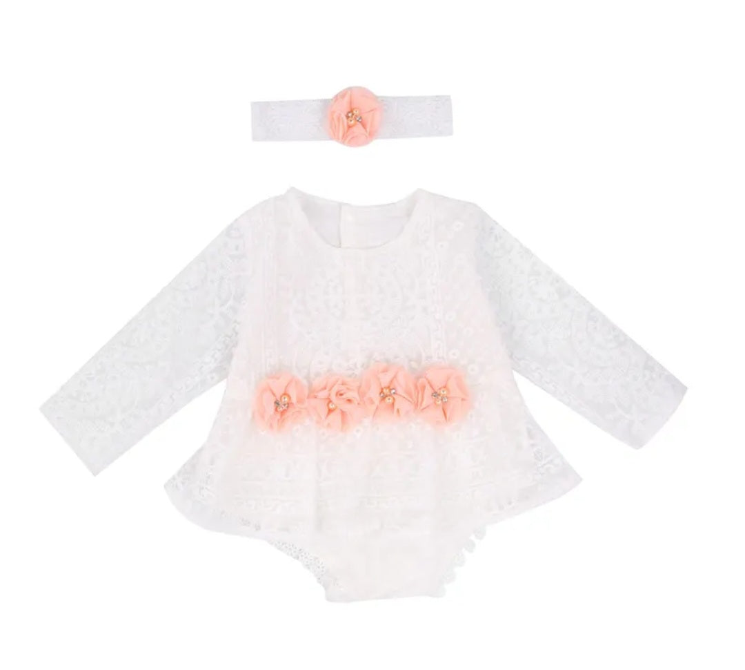Lace Long Sleeve Romper with Floral Waistline and Headband 1001145