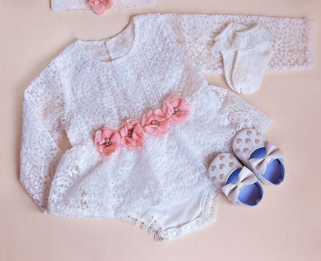 Lace Long Sleeve Romper with Floral Waistline and Headband