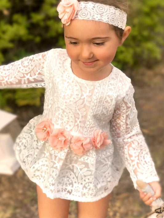 Lace Long Sleeve Romper with Floral Waistline and Headband 1001145