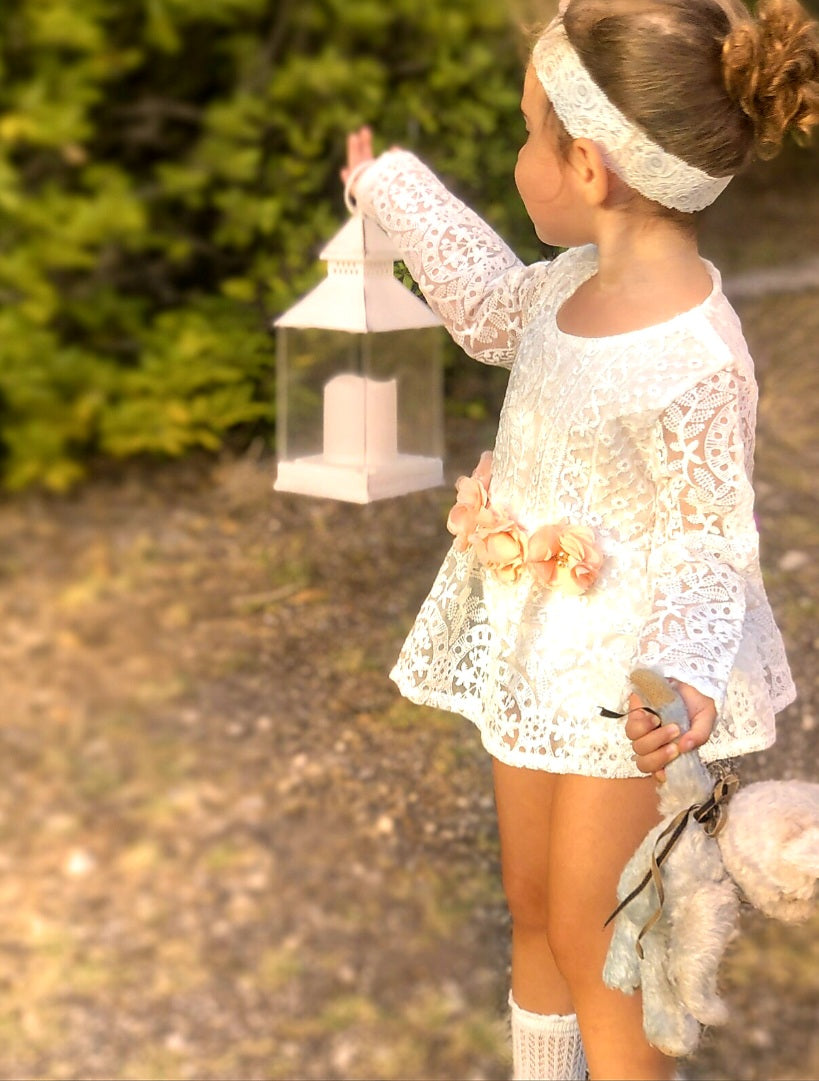 Lace Long Sleeve Romper with Floral Waistline and Headband