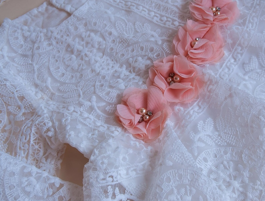 Lace Long Sleeve Romper with Floral Waistline and Headband 1001145