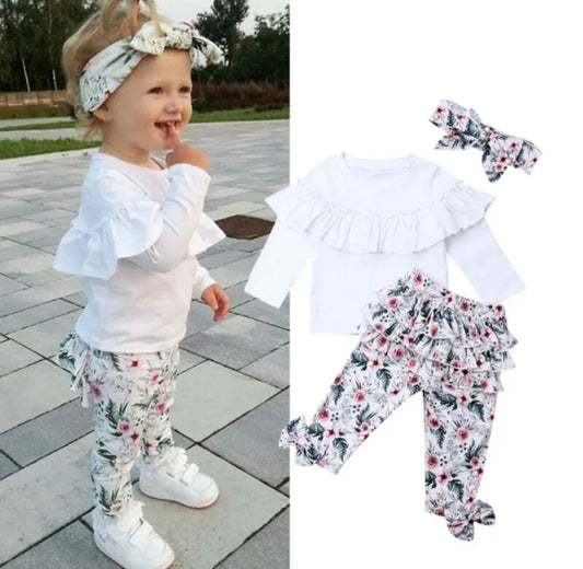 White Ruffle Top with Florral Leggings and Headband 100054