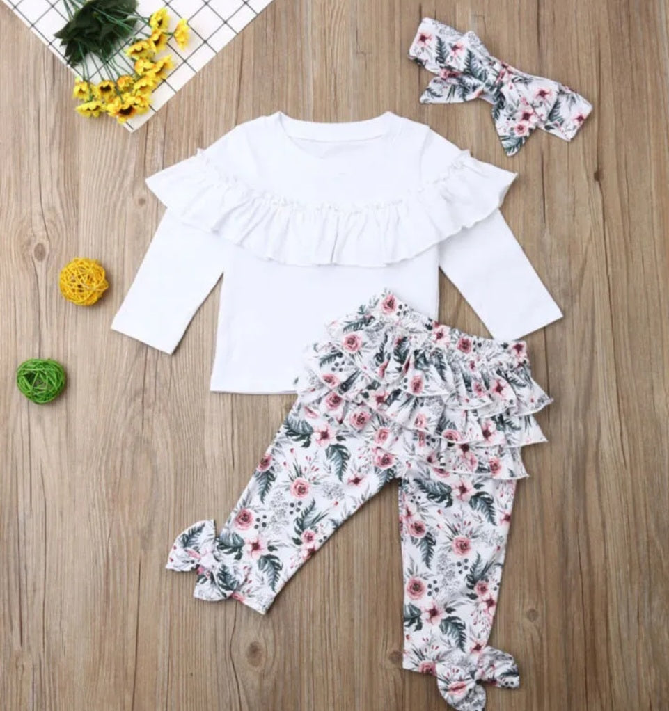 White Ruffle Top with Florral Leggings and Headband