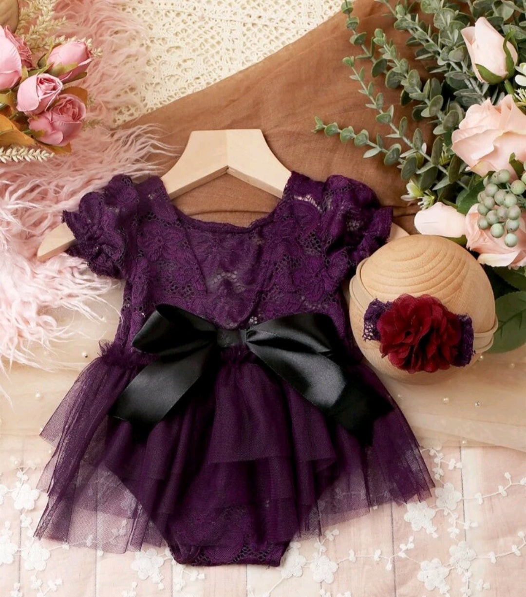 Purple Lace Photoshoot Romper and Headband