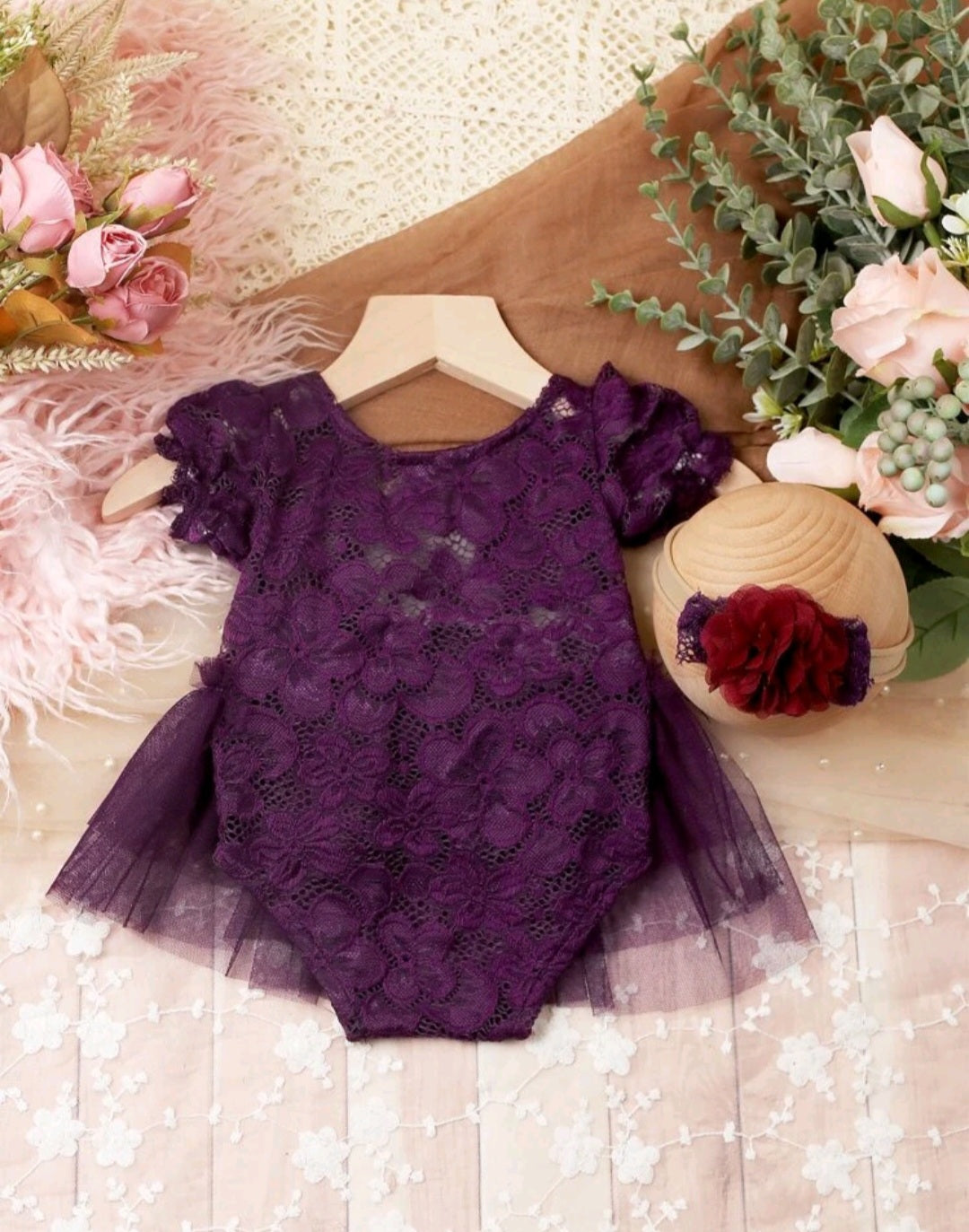 Purple Lace Photoshoot Romper and Headband