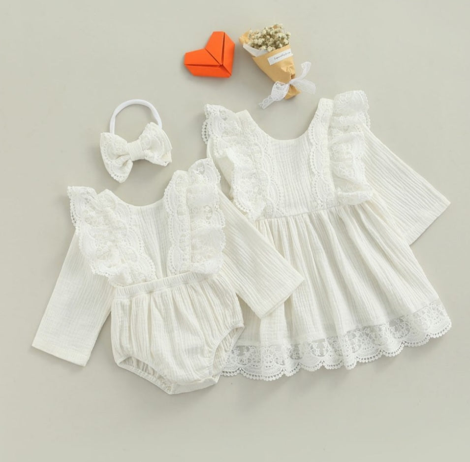 Long Sleeve Dress with Lace Ruffles (Part of Sibling Set Also Available in Romper 0-24M)