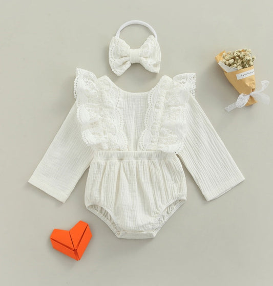 Long Sleeve Romper with Lace Ruffles (Part of Sibling Set Also Available in Dress up to 5Y)