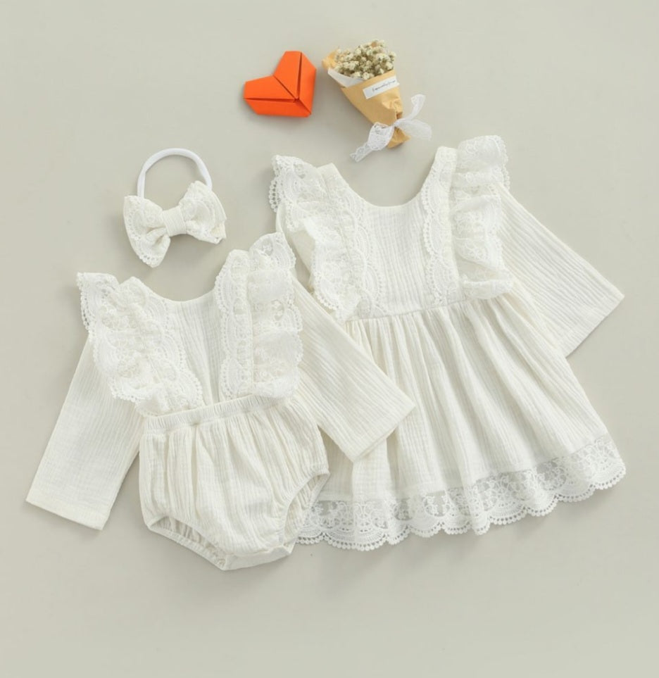 Long Sleeve Dress with Lace Ruffles (Part of Sibling Set Also Available in Romper 0-24M)