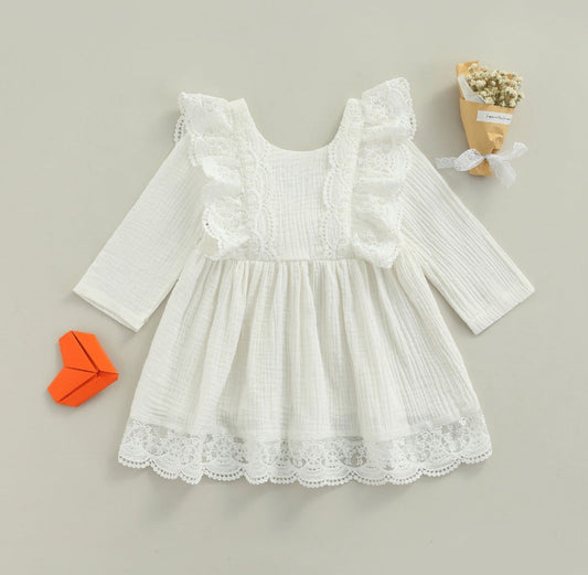 Long Sleeve Dress with Lace Ruffles (Part of Sibling Set Also Available in Romper 0-24M)