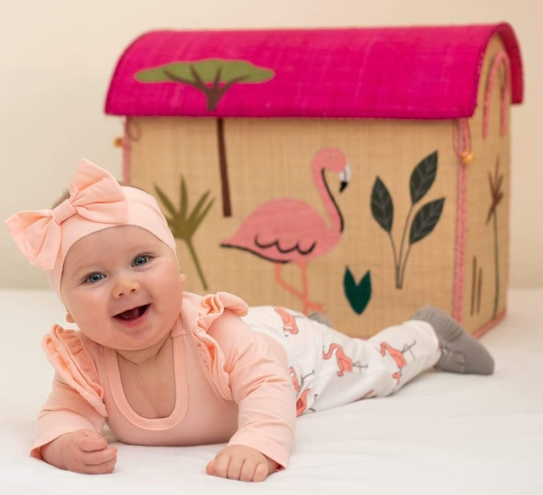 Pink Ruffle Sleeve Romper with Flamingo Pants and Headband  100076