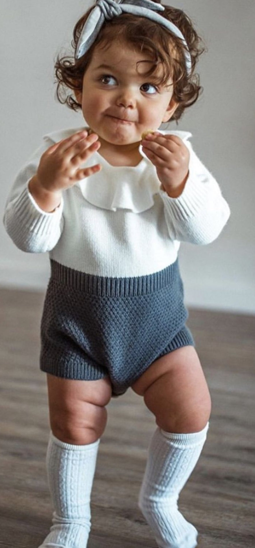 Luxury Two Tone Knitted Romper / Gray and White ( Gender Neutral)