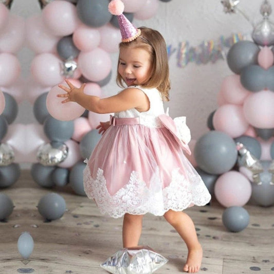 Dusty Pink &amp; White Lace Formal Dress with Diamante Headband and Bow