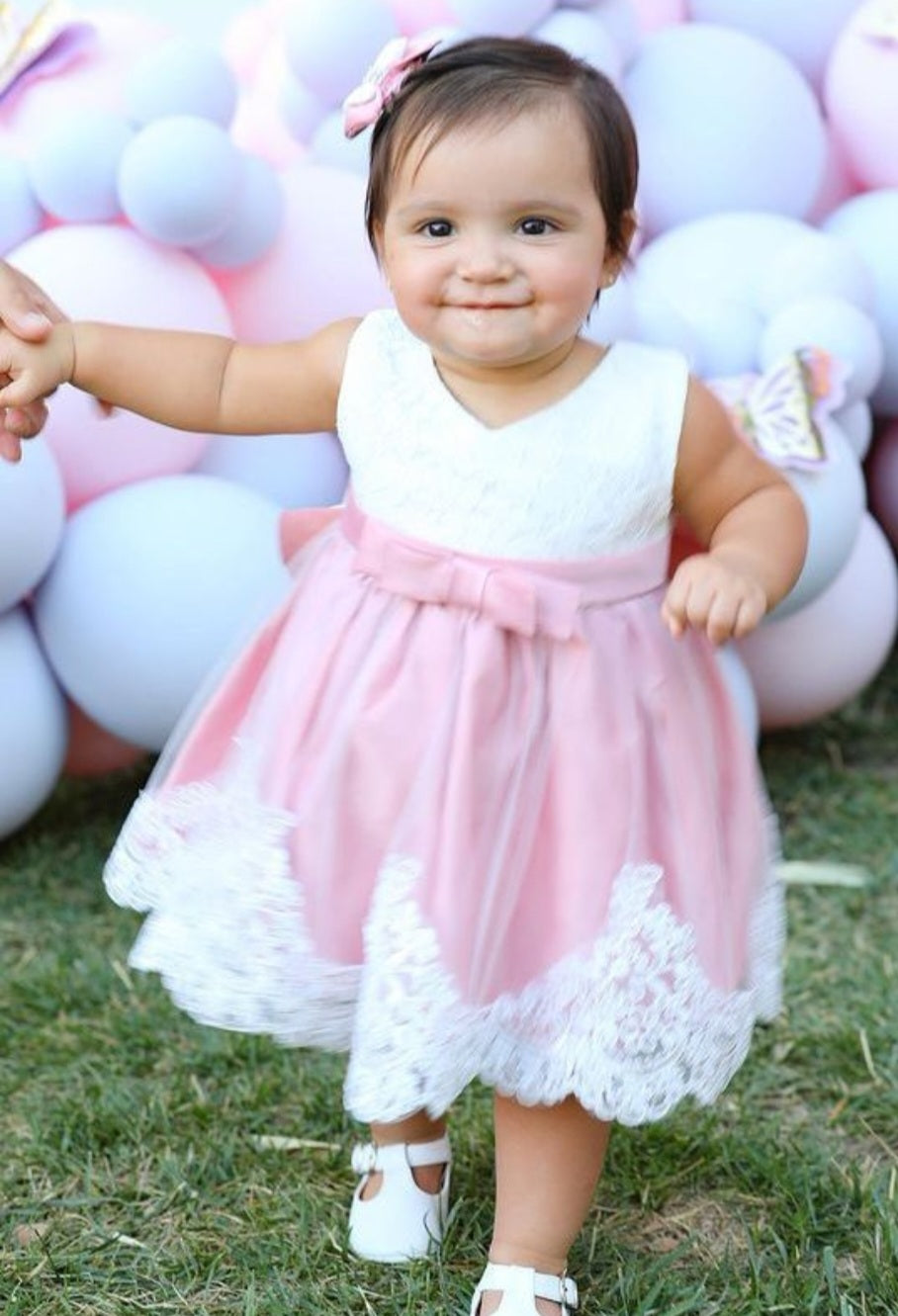 Dusty Pink &amp; White Lace Formal Dress with Diamante Headband and Bow