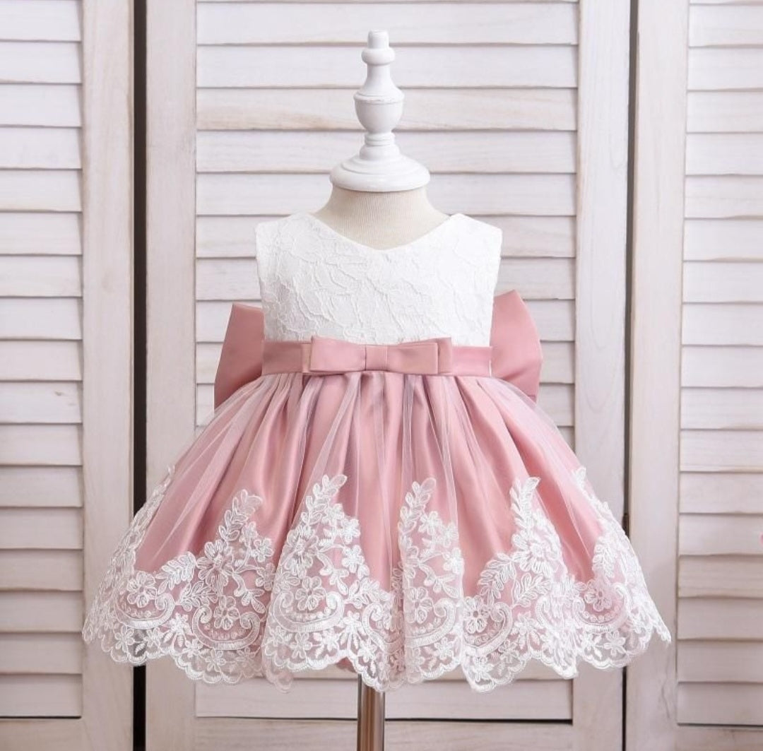 Dusty Pink &amp; White Lace Formal Dress with Diamante Headband and Bow