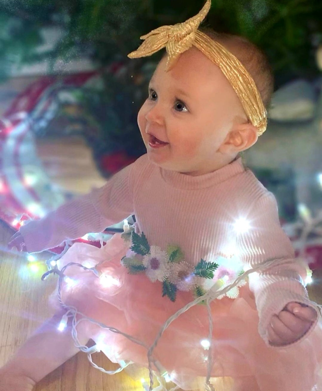 Pink Ribbed Long Sleeve Dress with Floral Design 1001017