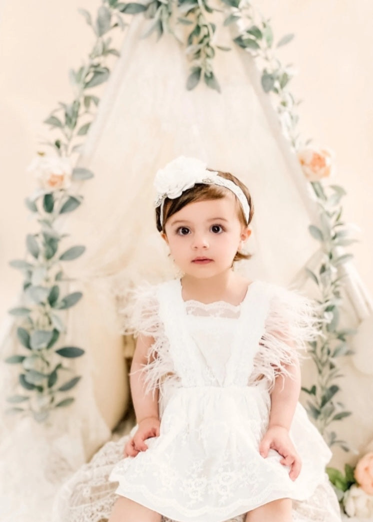 White Lace Dress with Feather Detail